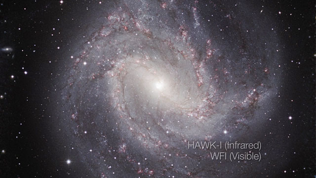 Comparación de Messier 83 en visible/infrarrojo