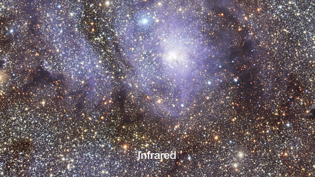 Superposición de imágenes en IR/visible de la Nebulosa de la Laguna (Messier 8)