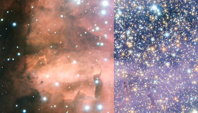 NGC 6357 in het infrarood en in zichtbaar licht