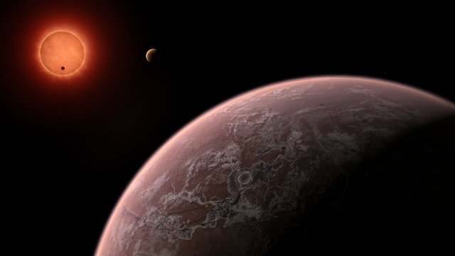 Vue d’artiste de l’étoile naine extrêmement froide TRAPPIST-1 depuis les environs d’une de ses planètes