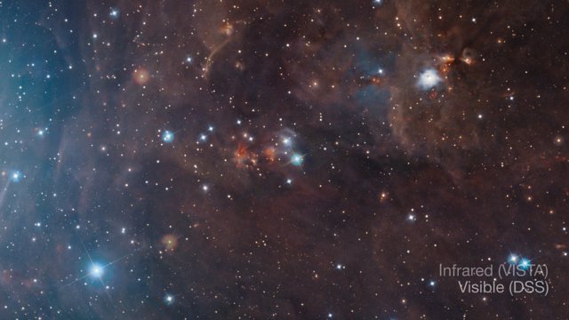 Confronto delle vedute visibile e infrarossa della nube molecolare Orione A