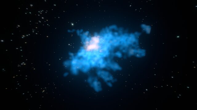 Obraz 3D halo gazowego zaobserwowanego przez MUSE, otaczającego zderzenie galaktyk dostrzeżone przez ALMA