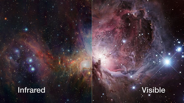 The Orion Nebula seen in infrared and visible light (Europe to the Stars clip)