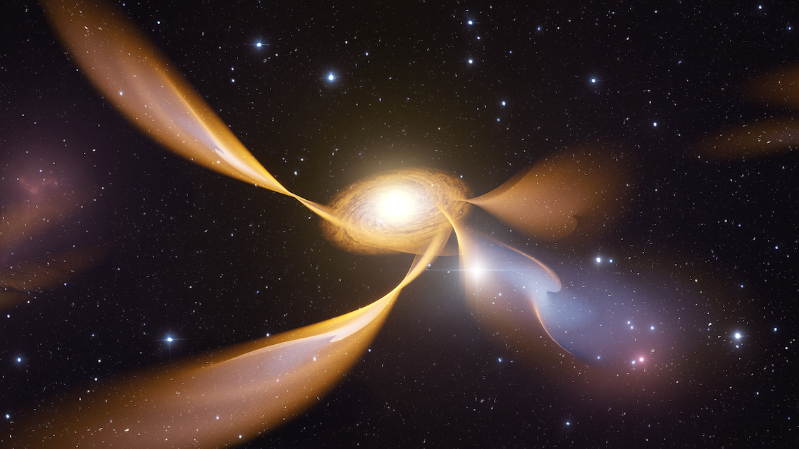 Artist's impression of filaments of gas flowing toward the accretion disk of 3C 84