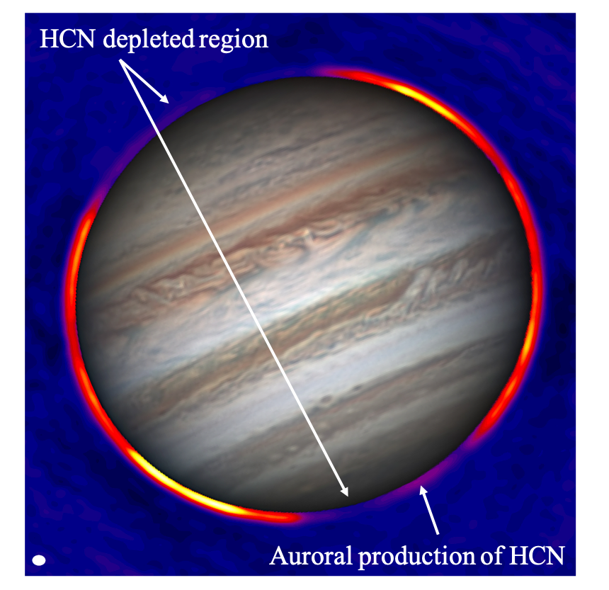Photograph of Jupiter overlayed on aurora HCN observations